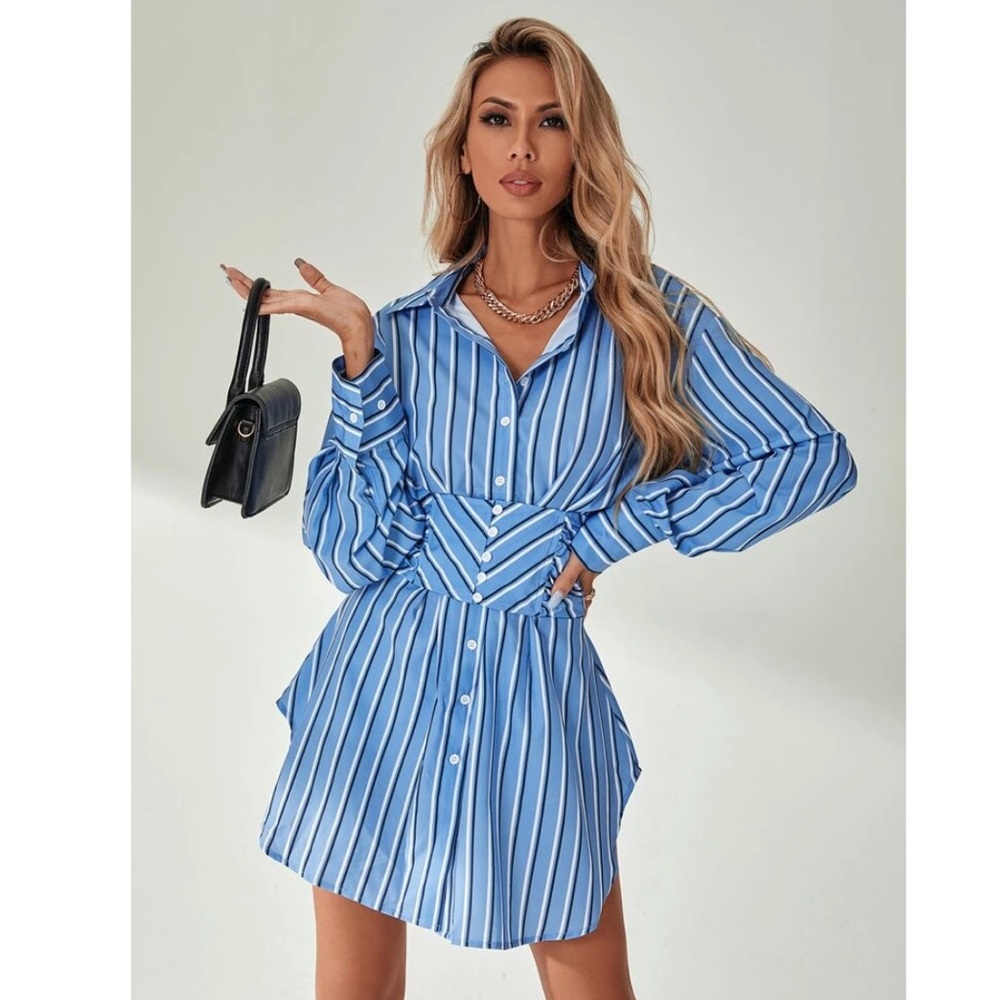 Striped Ruched Corset Shirt Dress 🍸 - Picture 2 of 6